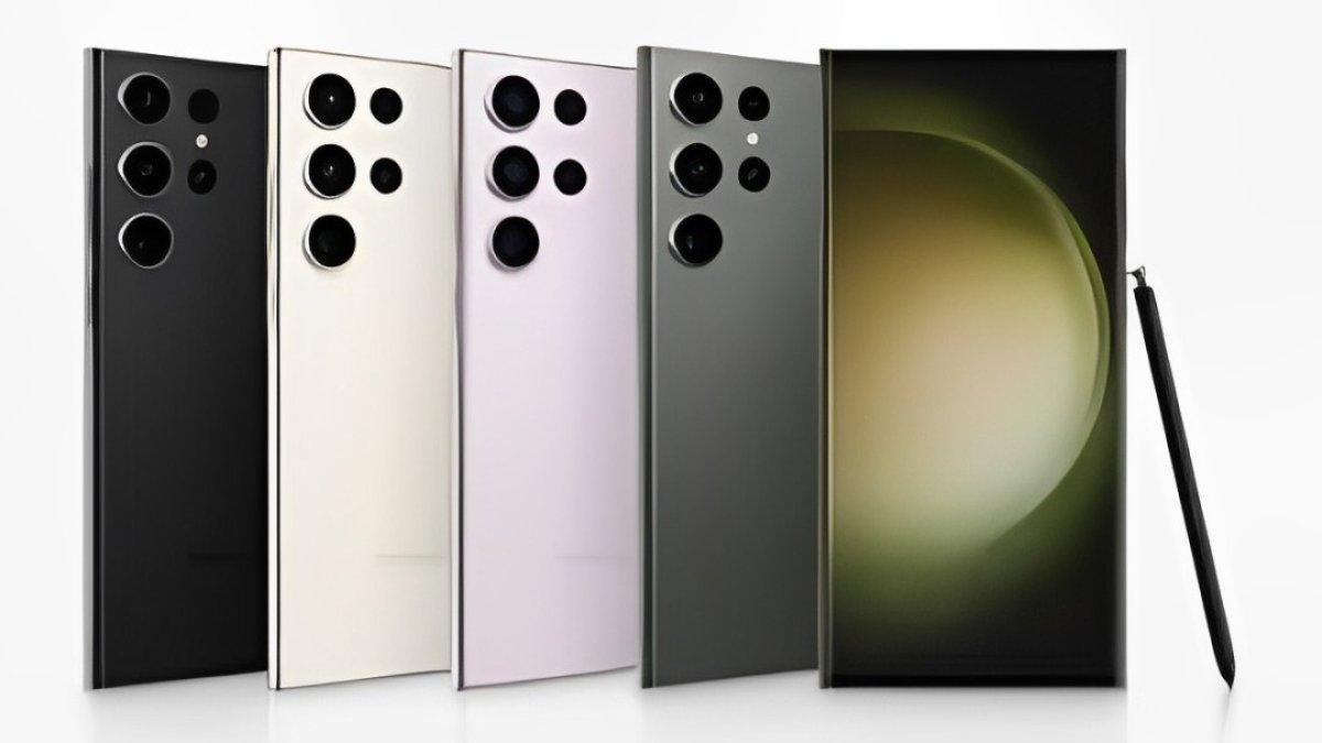 Gambaran HP Samsung S23 Ultra: Phantom Black, Cream, Green, dan Lavender.