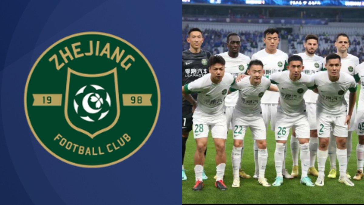 Potret skuad Zhejiang FC (kanan) dan log klubnya (kiri),