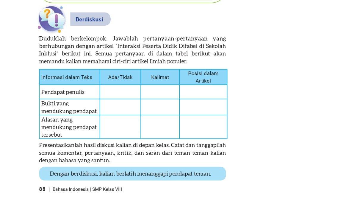 Soal Bahasa Indonesia kelas 8 Kurikulum Merdeka Bab 3 halaman 88.