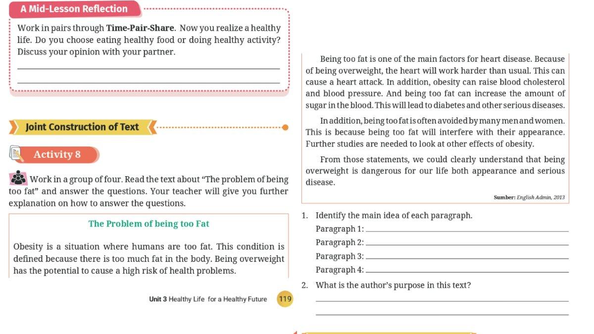Soal Bahasa Inggris kelas 11 Kurikulum Merdeka Unit 3, Activity 8 halaman 119 120.