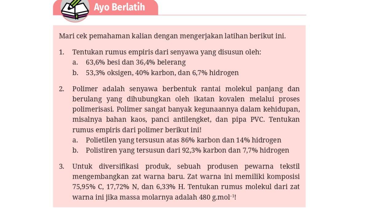Soal Kimia kelas 11 Kurikulum Merdeka Bab 3, Ayo Berlatih halaman 74.