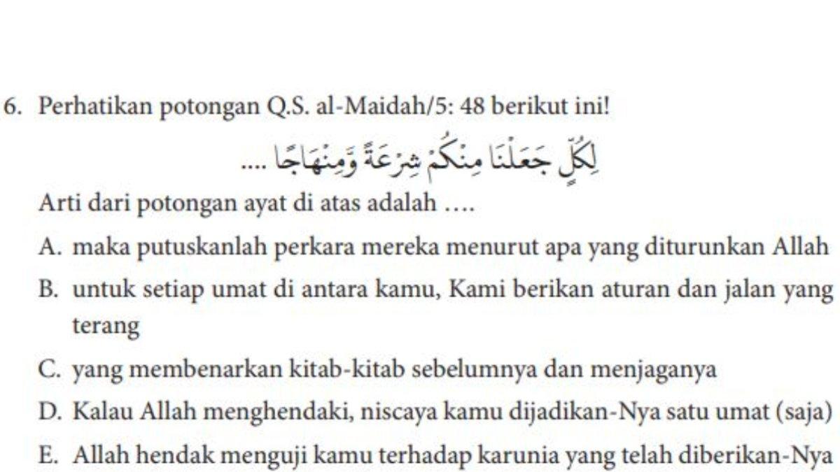 Soal no. 6 Buku Pendidikan Agama Islam dan Budi Pekerti SMA/SMK untuk Kelas 10 Kurikulum Merdeka halaman 26.