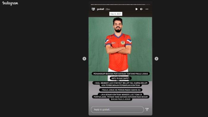 Soal rumor Paulo Josue gantikan Wander Luiz di Persib Bandung dalam unggahan @gosball pada Senin (6/12/2021).