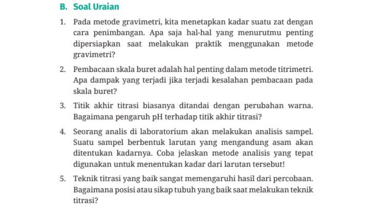 Soal Uraian nomor 1-5 Bab 9: Analisis Kuantitatif, Dasar-Dasar Kimia Analisis.