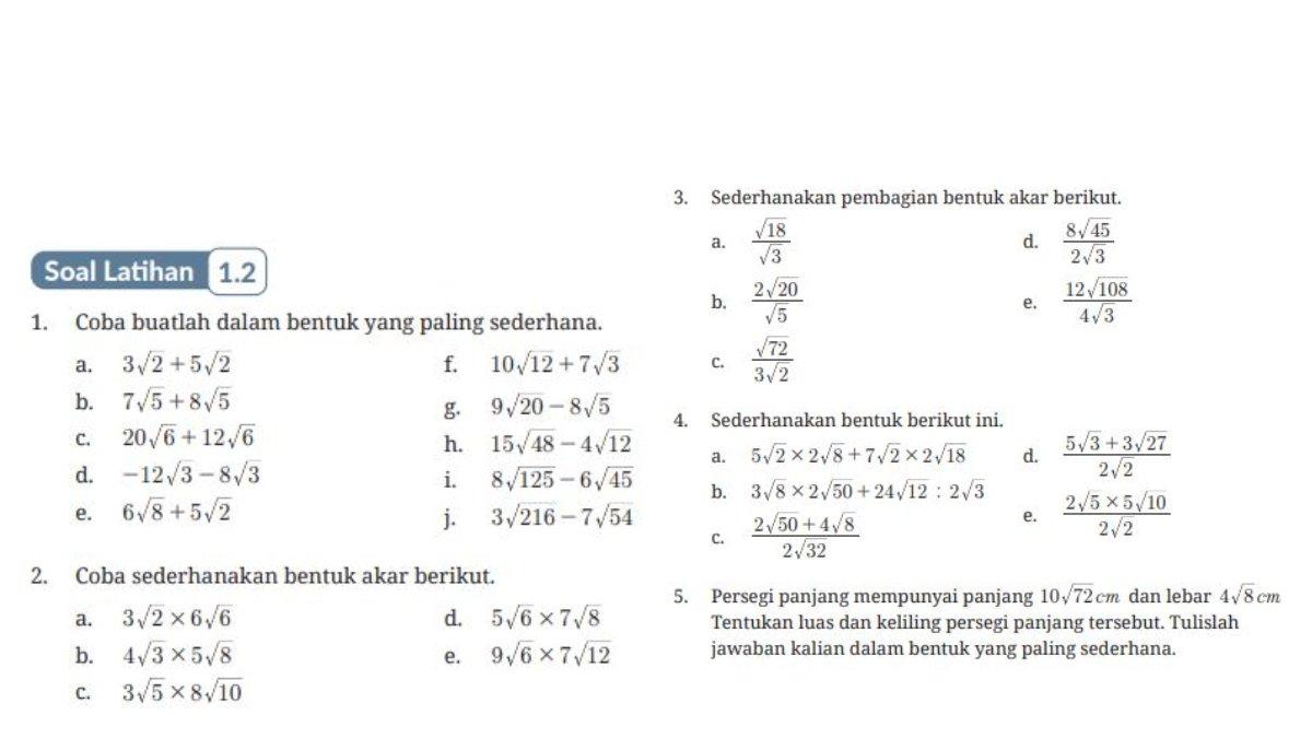 KUNCI JAWABAN - Gambar soal latihan 1.2 buku matematika untuk SMP/MTs Kelas 8. Berikut soal latihan 1.2 buku matematika untuk SMP/MTs Kelas 8 di halaman 33. Diakses pada Rabu (26/2/2025). (buku.kemdikbud.go.id)