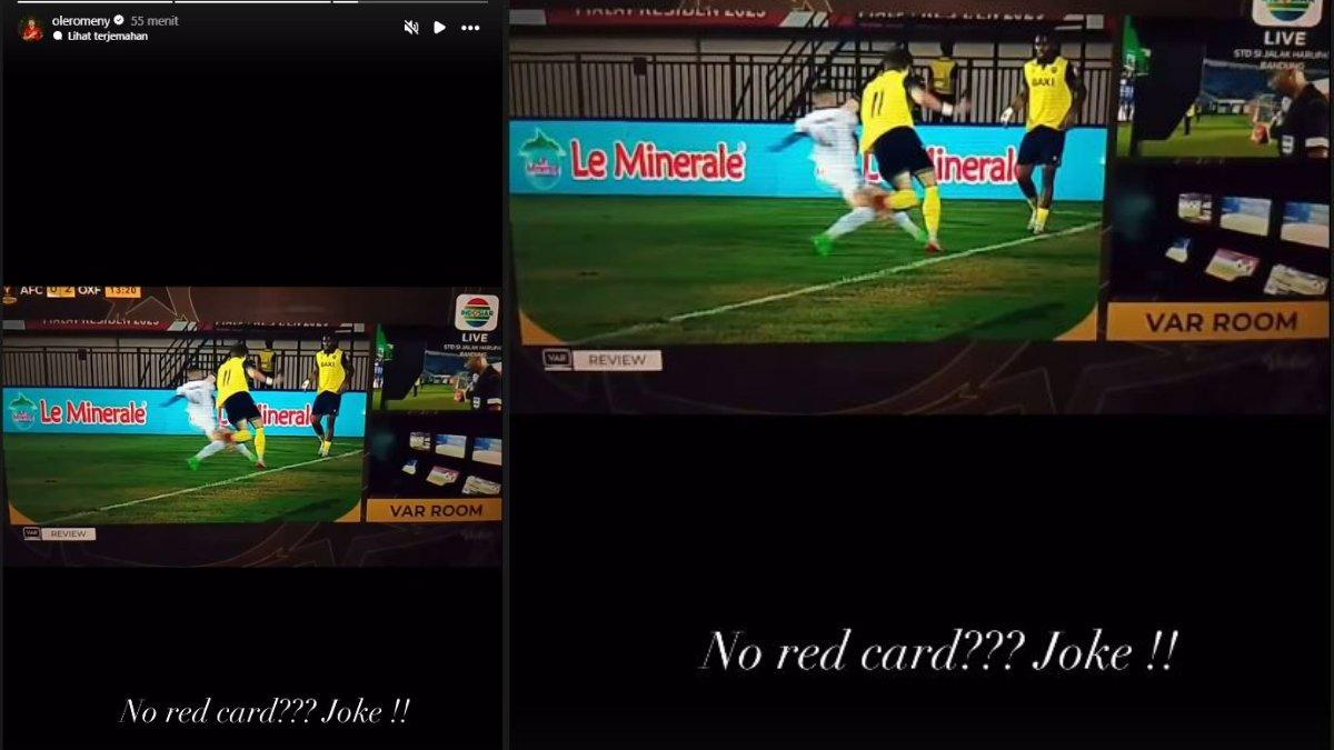 TANGKAP LAYAR story Instagram striker Timnas Indonesia, Ole Romeny setelah pertandingan Oxford United vs Arema FC di Piala Presiden 2025, Kamis (10/7/2025).