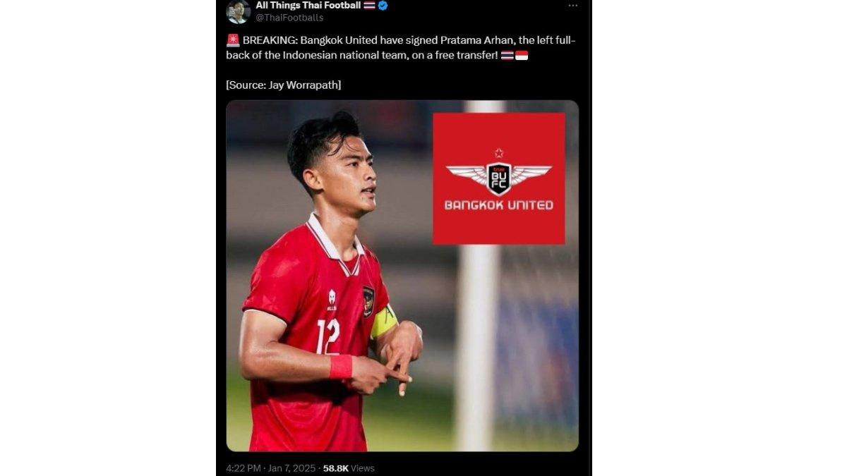 Media sepak bola Thailand, @ThaiFootballs sebut Pratama Arhan akan gabung Bangkok United.