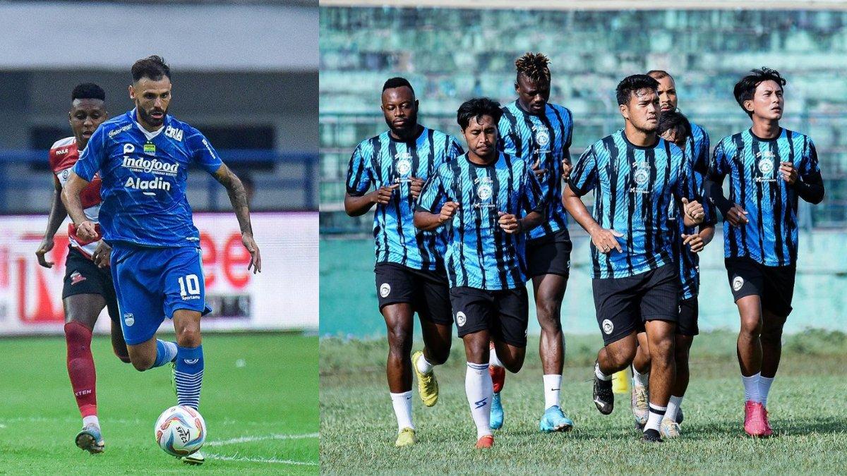 Gelandang asing Persib Bandung, Tyronne del Pino (kiri) dan para pemain Arema FC (kanan).