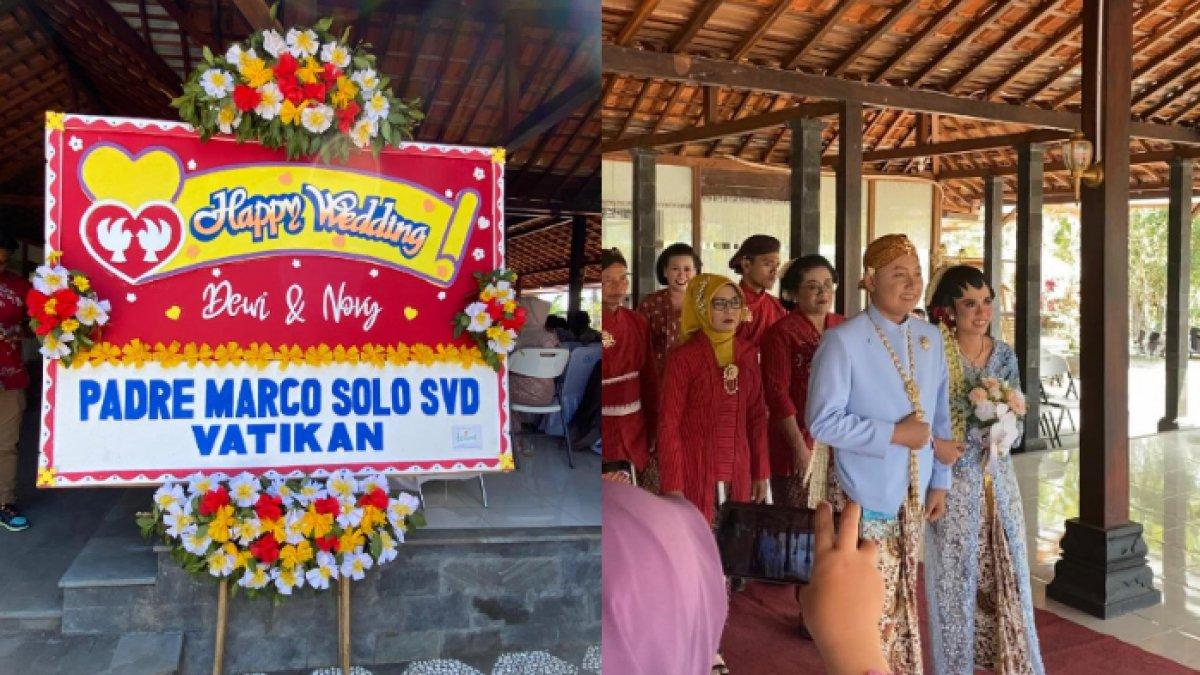 Ucapan selamat perkawinan datang dari Vatikan yang dikirim oleh “bapa rohani“, Padre Marco Solo SVD, satu-satunya pejabat Vatikan yang berasal dari Indonesia (kiri) dan prosesi Novy-Dewi menuju pelaminan dalam acara resepsi pernikahan di Votel Green Resort, Pracimantoro, Wonogiri, Sabtu (2/9/2023).
