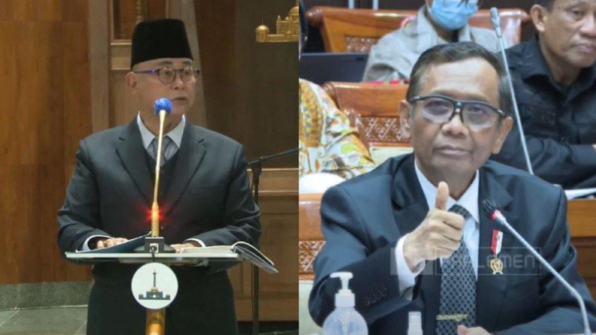 Pimpinan Pondok Pesantren (Ponpes) Al Zaytun, Panji Gumilang (kiri), dan Menko Polhukam Mahfud MD (kanan). Terbaru, Mahfud MD menyebut oknum Ponpes Al Zaytun akan segera dipanggil polisi.