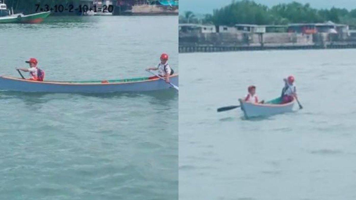 Beredar sebuah video yang menunjukkan dua siswa sekolah dasar (SD) mendayung sampan menyebrangi sungai, viral di media sosial.