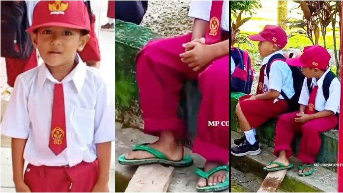 Tangkap layar viral video siswa SD pakai sandal jepit di hari pertama sekolah.
