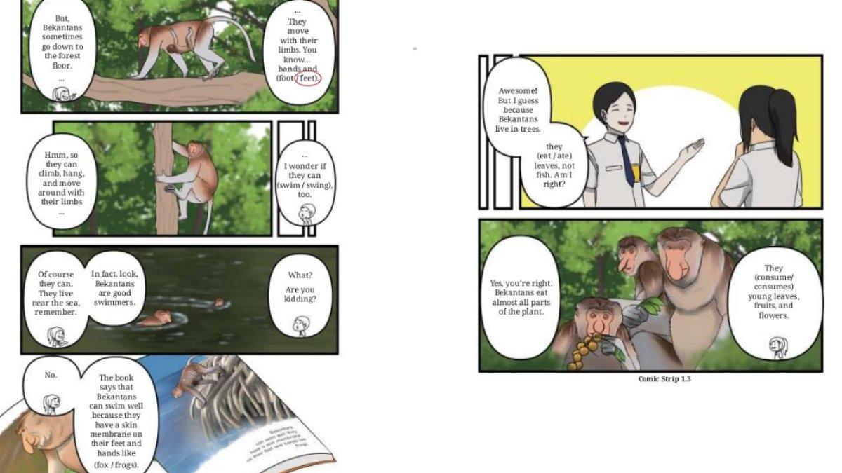 Andre and Monita are talking about Bekantan’s Behaviors and diet. Worksheet 1.3 halaman 31-32.